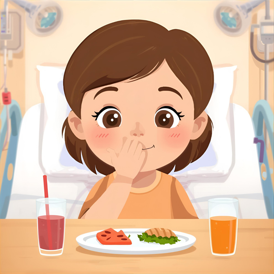 Cartoon image of a child’s face in a hospital bed with their hand over their mouth to stop them eating the plate of food in front of them