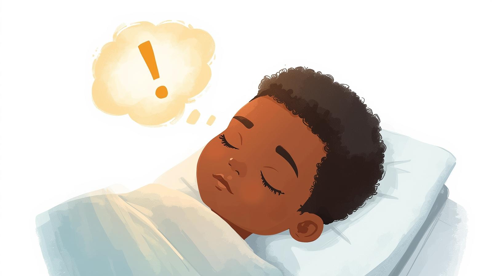 Close Up Of A Male Child In A Hospital Bed, Looking Asleep, With A Thought Bubble With A Exclamation Mark