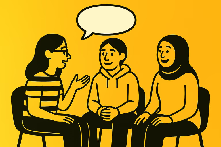 Graphic of a black outline of three people sitting together talking, with a speech bubble, on a yellow background