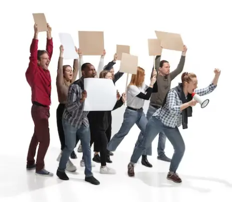 People with placards protesting on a white background