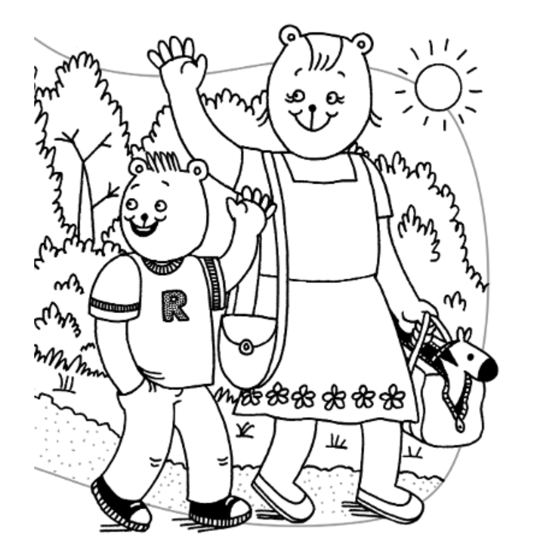 Cartoon Rees Bear and Mama Bear leaving hospital 