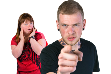 Threatening person in a black with a scared person in red behind them. 