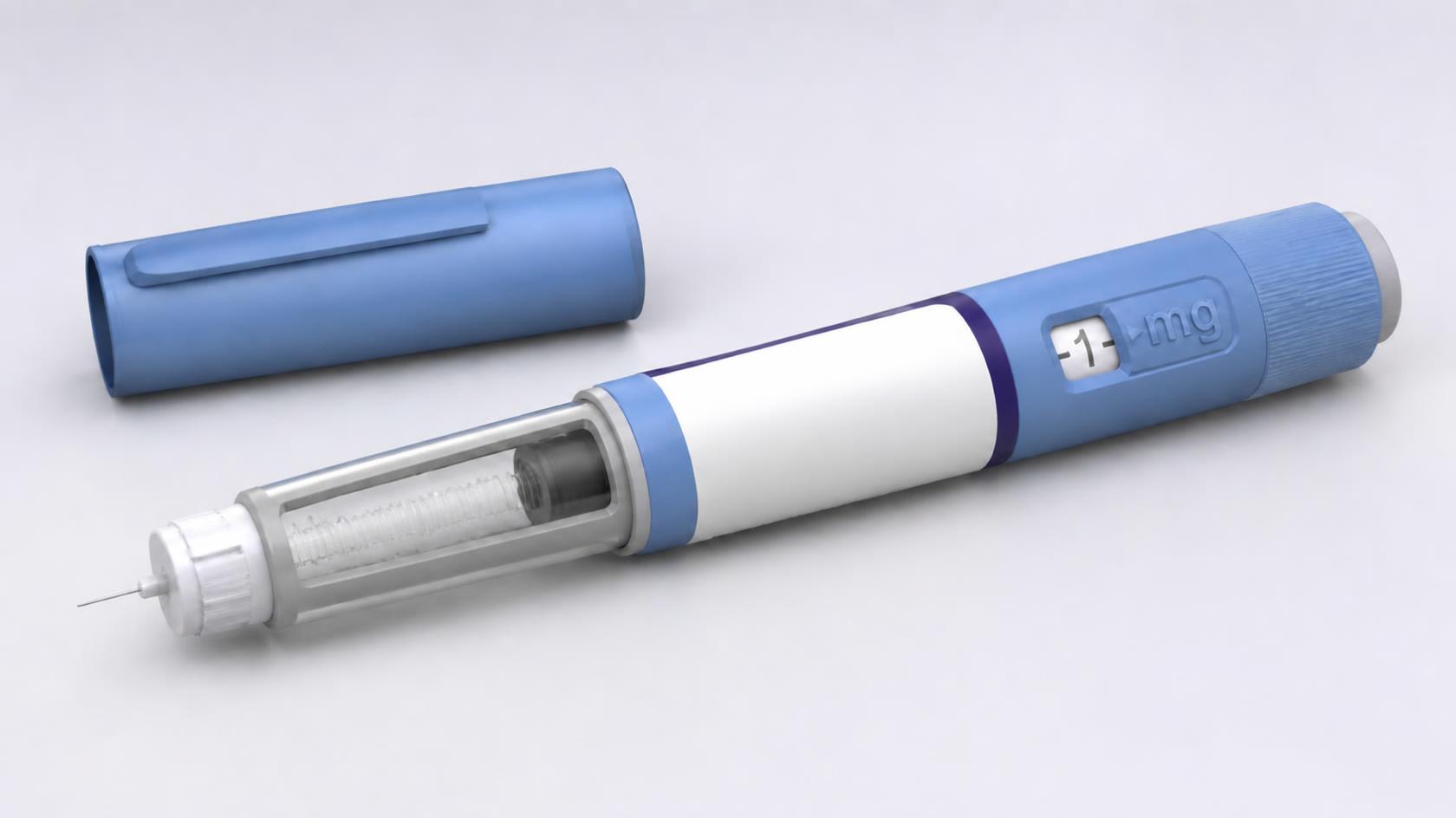 Image of a blue and white pen injector with a plain label