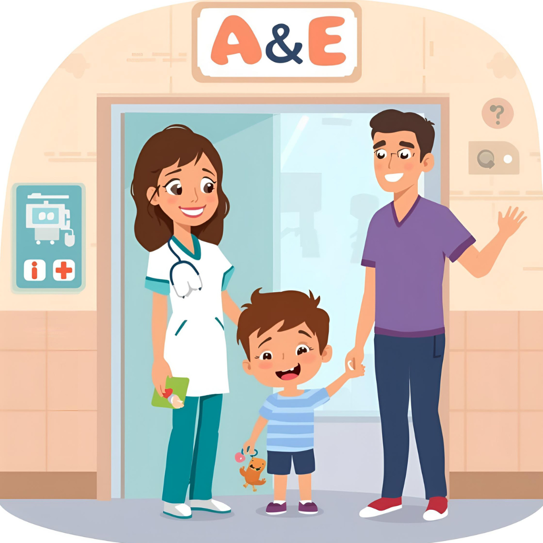 Cartoon-style A%E entrance to a hospital with a smiling nurse welcoming a young child and their parent