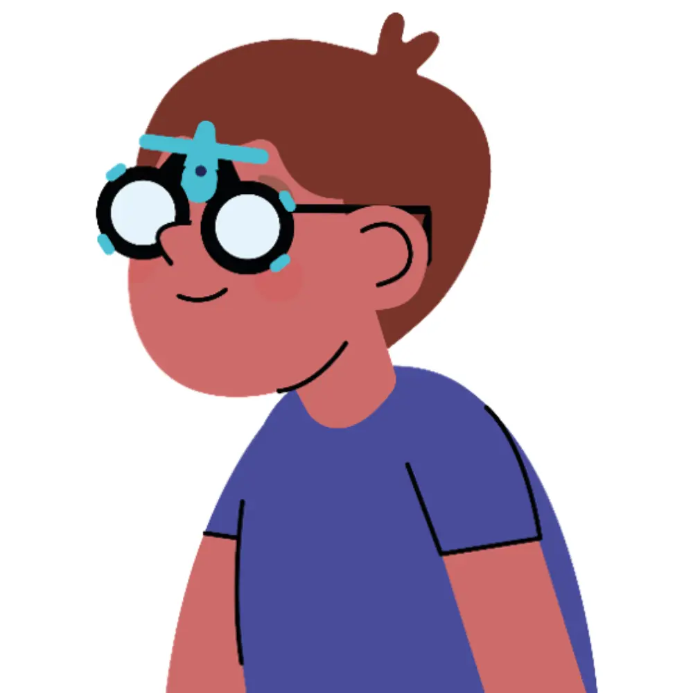 Cartoon image of a boy in a blue t-shirt wearing testing glasses