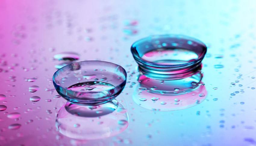Contact lenses on a wet coloured surface