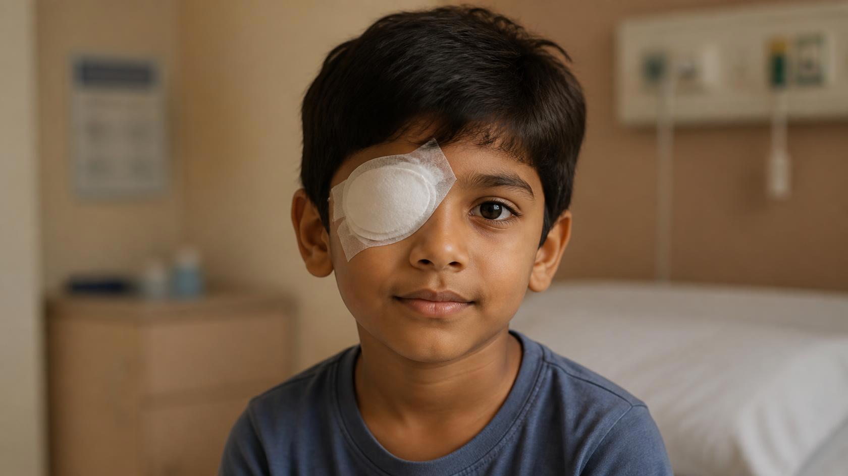 Young male child with a patch over his right eye sitting in a generic hospital room 