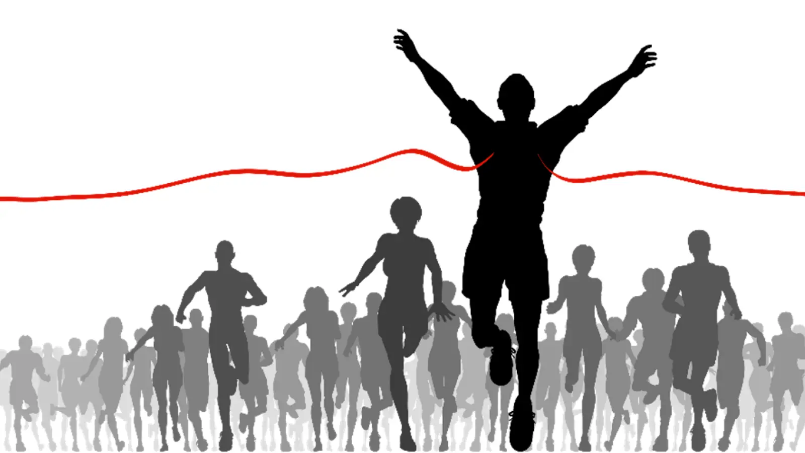 silhouettes of people racing with one person running through a red tape 