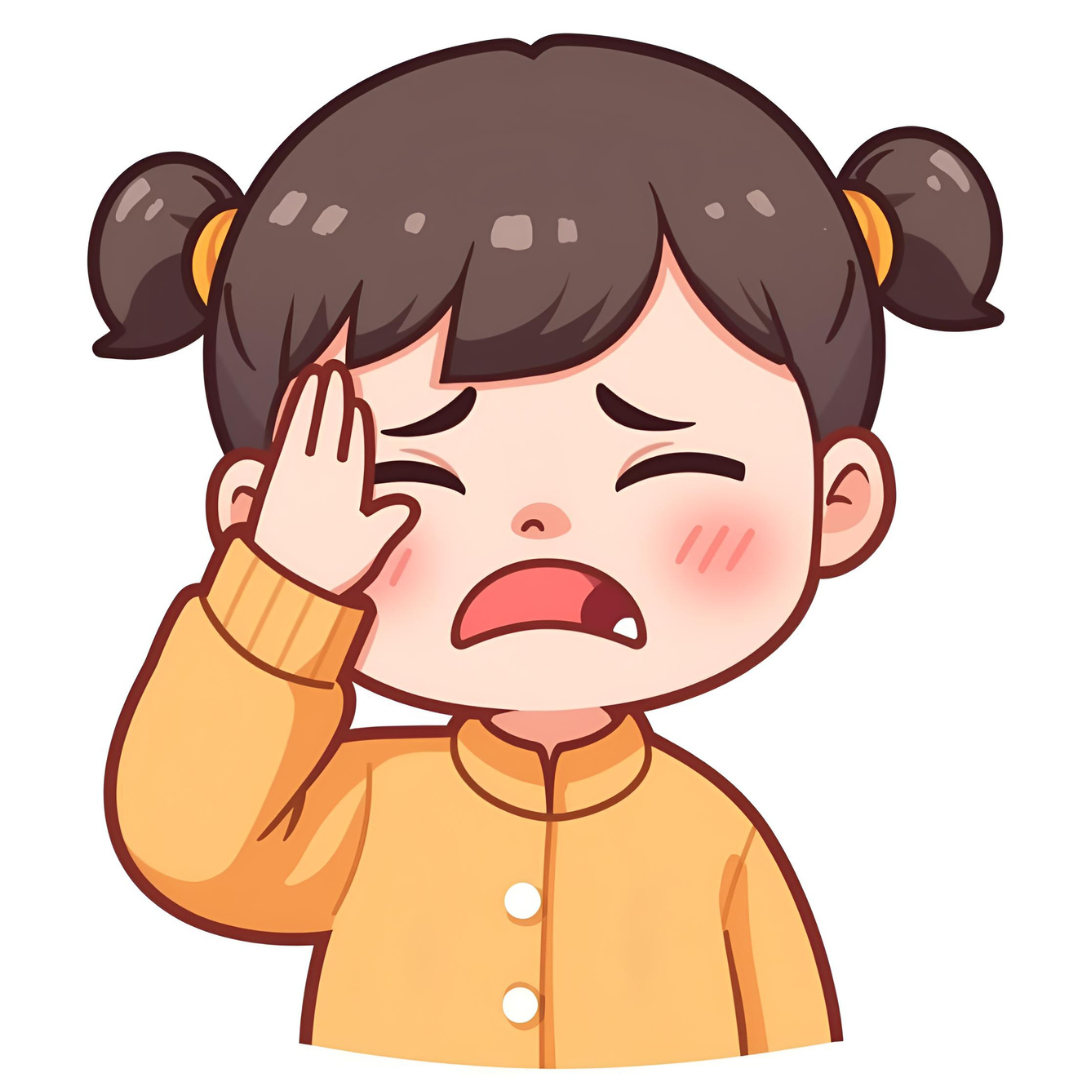 A cartoon of a child in a yellow top looking tired and agitated